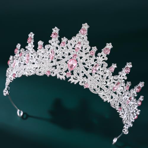 Crystal Crown Jewelry Set for Women Bride Queen Tiara Earrings and Necklace | Metal Royal Crown Costume Jewelry Set Wedding Prom Quinceanera Party Pageant Halloween Retirement Christmas Birthday Gift - color: Silver Pink