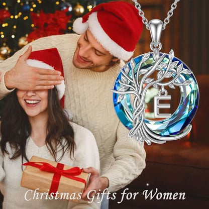 TOUPOP Gifts for Women Tree of Life Initial Necklace 925 Sterling Silver Letter Pendant with Blue Crystal Birthday Jewelry Gifts for Women Her Mom Wife Daughter - color: Tree of Life E Initial