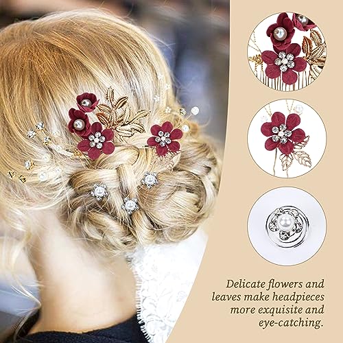 Cinaci 18 Pieces Bridal Wedding Party Prom Pearl Rhinestone Burgundy Flower Hair Side Combs Slides+U-shaped Flower Hair Pins+Twist Spiral Hairpins Floral Headpieces for Brides Bridesmaids Women Girls - color: Burgundy