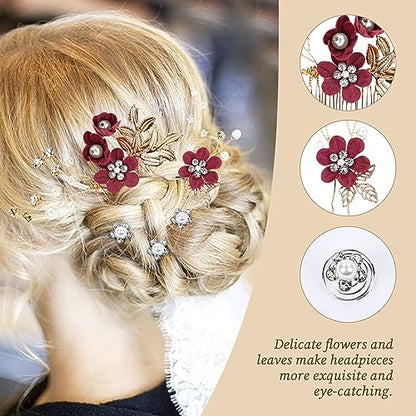 Cinaci 18 Pieces Bridal Wedding Party Prom Pearl Rhinestone Burgundy Flower Hair Side Combs Slides+U-shaped Flower Hair Pins+Twist Spiral Hairpins Floral Headpieces for Brides Bridesmaids Women Girls - color: Burgundy