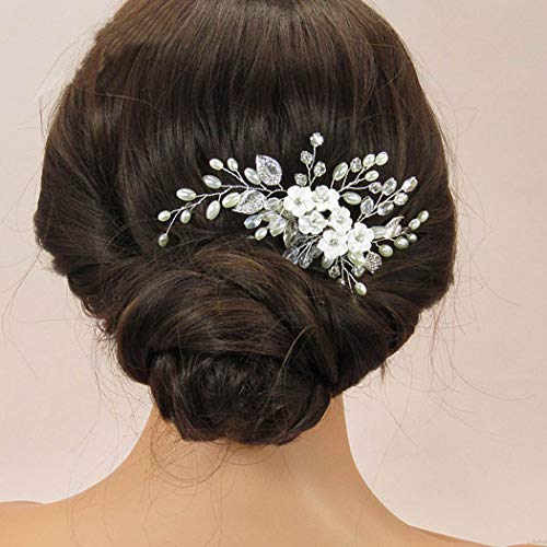Silver Flower Wedding Hair Comb Pearl Bridal Hair Piece Leaf Hair Accessories for Women and Bride (Silver) - color: Silver