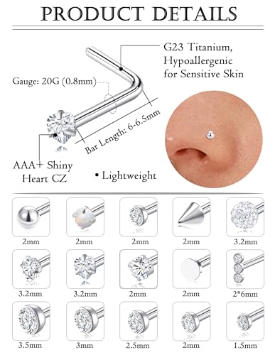 Akeoqi 15PCS G23 Titanium Nose Studs Ring L-Shaped Round CZ Ball Opal Star Heart Nose Studs Nostril Body Piercings Jewelry Set for Women Men Silver Gold Tone 20G 1.5mm 2mm 2.5mm 3mm 3.5mm