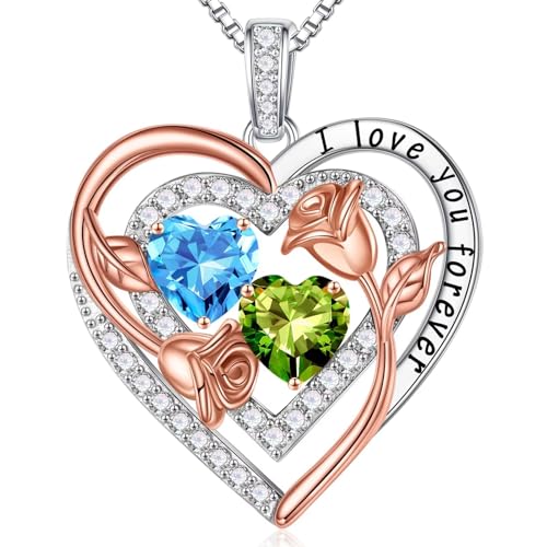 Iefil Heart Birthstone Necklace for Women - Double Birthstone Jewelry | 925 Sterling Silver, Gift Box Packaging, Anniversary Birthday Gifts for Women Wife Mom - color: 03-08-Mar-Aug Birthstone