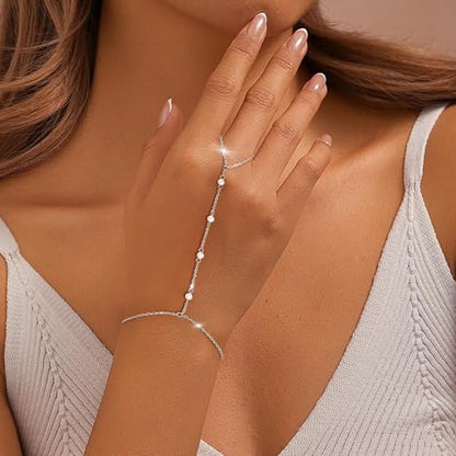Eaciy 3PCS Gold Hand Chain Bracelets for Women, 18K Gold Plated Dainty Stackable Hand Chain Bracelet Ring Gold Bracelets for Women Trendy Gold Jewelry Set - color: 02-Silver-Pearl-Hand Chain