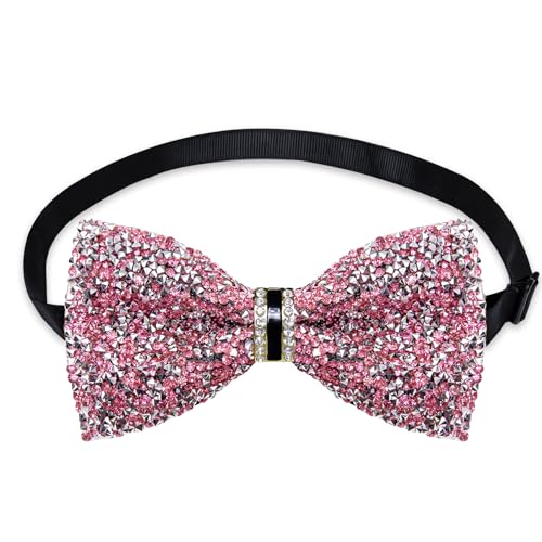 DiBanGu Mens Rhinestone Bow Tie with Ring and Lapel Pin Set | Adjustable Strap,Pre-tied Style,3PCS,Sequin Diamond Bowties，Solid/Mix Color,Shiny Accessory,for Party Prom Banquet Wedding - color: Pink