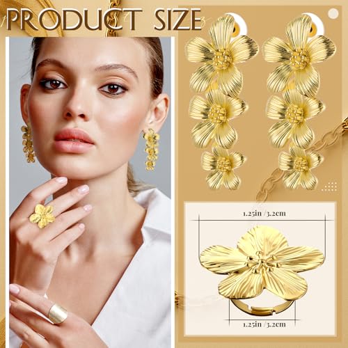 Misdary 3 Pcs Jewelry Gifts Set Bracelets Earrings Ring Cuff Bangle for Women Wedding Birthday Gifts - color: Gold, style: Floral