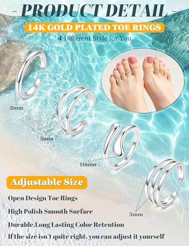 14K Gold Plated Toe Rings for Women Non Tarnish Adjustable Silver Gold Toe Ring Cubic Zirconia Daisy Flower Dainty Toe Rings Set Open Simple Band Ring Summer Beach Foot Jewelry - color: A-Silver