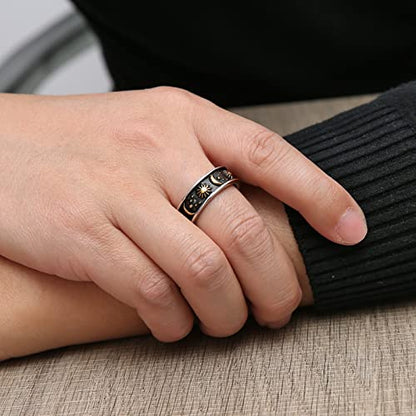 HZMAN 8mm Moon Star Sun Statement Ring Stainless Steel Boho Jewelry for Women Men - color: Silver & Gold