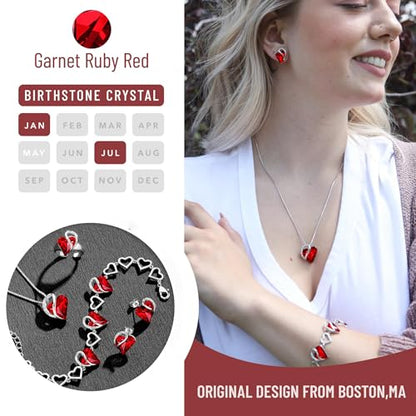 Leafael Necklace Gift Set for Women, Infinity Love Birthstone Heart Pendant with Matching Earrings and Bracelet, for Mom and Wife, Silver Plated - color: 01Set-January & July-Siam Ruby Red
