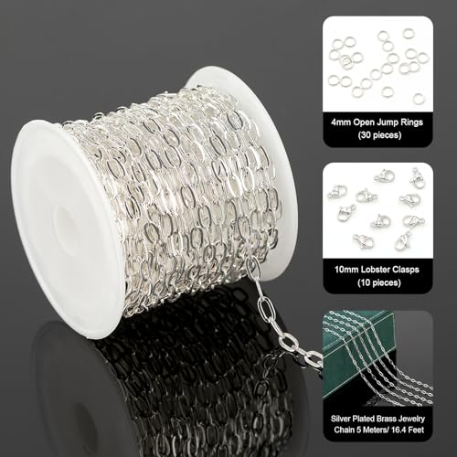 UMAOKANG 5 Meters Silver Chain for Women Necklace Bracelet DIY Paperclip Chains Bulk with Jump Rings and Lobster Clasps Jewelry Findings - color: Silver Paperclip