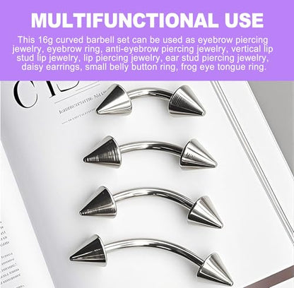 8 PCS 16G Curved Barbell 6mm 8mm 10mm 12mm Steel Eyebrow Rings Rook Daith Helix Cartilage Earring Vertical Labret Lip Piercing Jewelry Unisex