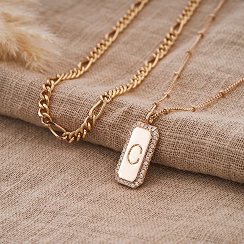 Gold Initial Necklace for Women 14K Gold Plated Figaro Chain Choker Layered Necklaces Set Bar Rectangle Pendant Necklaces Simple Dainty Letter Necklace Everyday Gold Jewelry - style: Letter C