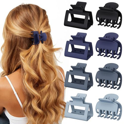 8 PCS Medium Hair Clips for Women Girls - 2 Styles Rectangle and Double Row Teeth Small Claw Clips for Thin Thick Hair, Matte Non-slip Strong Hold Jaw Clips Hair Accessories, Blue - color: Blue