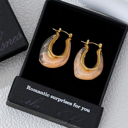 Enamel Hoop Earring for Women 18k Gold Plated Chunky Two-Tone U/C Shaped Earring Enamel Jewelry Gift for Wife Girlfriend - color: Orange 1