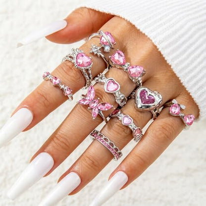10pcs Sparkly Crystal Love Heart Ring Set for Women Adjustable Bowknot Butterfly Finger Ring Stackable Pink Rhinestone Heart Open Ring Jewelry Gifts - color: Silver