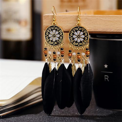 Dreuyet Boho Long Feather Drop Dangle Earrings for Women Retro Bohemian Ethnic Fringe Multicolor Tassel Feather Earring Handmade Statement Dream Catcher Earrings Jewelry - color: Black Round Flower