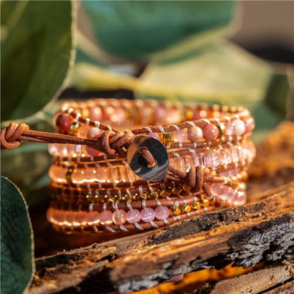 YGLINE Boho Handmade Natural Stone Wrap Bracelets Jasper Crystal Beads Bracelet Jewelry - color: pink crystal
