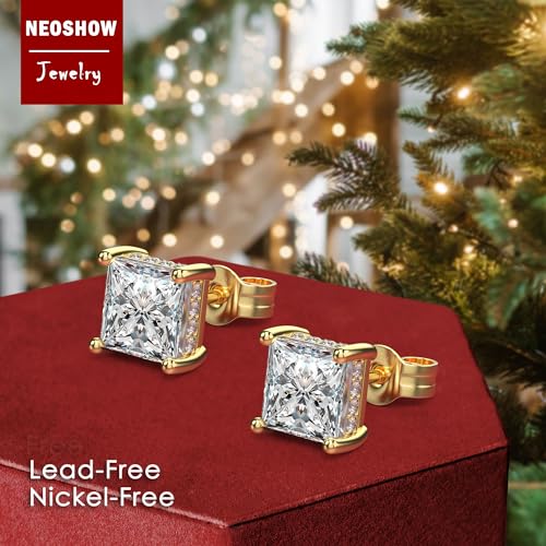 Princess Cut Cubic Zirconia Stud Earrings for Men Women | Square CZ Simulated Diamond Studs, 18K White Gold Plated Sterling Silver, Hypoallergenic - color: Gold, size: 6MM