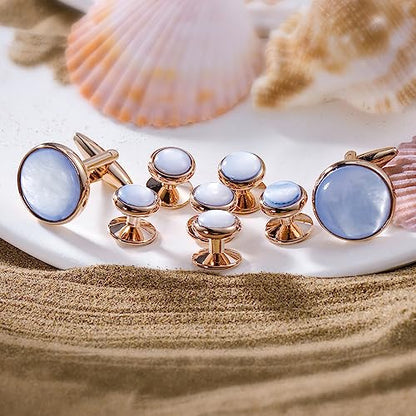 HAWSON Cufflinks and Tuxedo Studs Set for Men with Gift Box, Mother-of-Pearl Cuff links for French Cuff Shirt and Dress Shirt, Suitable for Wedding, Birthday, Party - style: Rose Gold & Blue Mother of Pearl