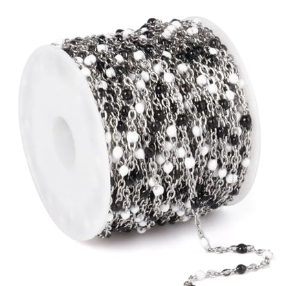 33FT 2mm Stainless Steel Black White Enamel Chains Bulk for Jewelry Making | 304 Stainless Steel Enamel Beaded Cable Chains Roll Spool for Necklace Bracelet Craft - color: Stainless Steel White Black Beads