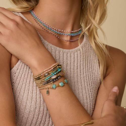 Kainier Gold Beaded Bracelets for Women 2Pairs 14K Gold Plated Stretch Bracelet Set Stackable Tarnish Dainty Natural Stone Bead Bracelets Gift - color: Rose Quartz