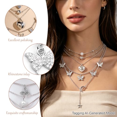 24 Pcs Y2K Necklace Set, Layered Grunge Emo Jewelry Pack With Cross, Butterfly, Heart, Moon, Star, and Pearl Chain Pendant Accessories, Daily Wear Gifts for Women - color: 16 Pcs Silver