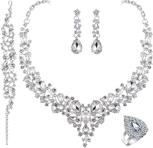 Paxuan Crystal Bridal Wedding Jewelry Sets for Women Rhinestone Teardrop Crystal Statement Choker Necklace Drop Earrings Link Bracelets Rings Teardrop Jewelry Set for Brides Bridesmaids - color: White