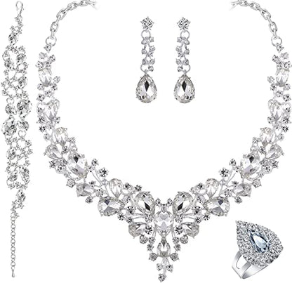 Paxuan Crystal Bridal Wedding Jewelry Sets for Women Rhinestone Teardrop Crystal Statement Choker Necklace Drop Earrings Link Bracelets Rings Teardrop Jewelry Set for Brides Bridesmaids - color: White