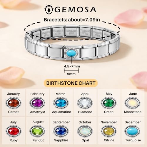 GEMOSA Birthstone Italian Charm Bracelet - 18 Links 9mm x 10mm Stainless Steel Base Bracelet with Birthstone Charm & Link Opener Tool, Polished Silver Finish Jewelry Gift Box Set for Women - color: 12-Dec-Turquoise