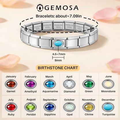 GEMOSA Birthstone Italian Charm Bracelet - 18 Links 9mm x 10mm Stainless Steel Base Bracelet with Birthstone Charm & Link Opener Tool, Polished Silver Finish Jewelry Gift Box Set for Women - color: 12-Dec-Turquoise
