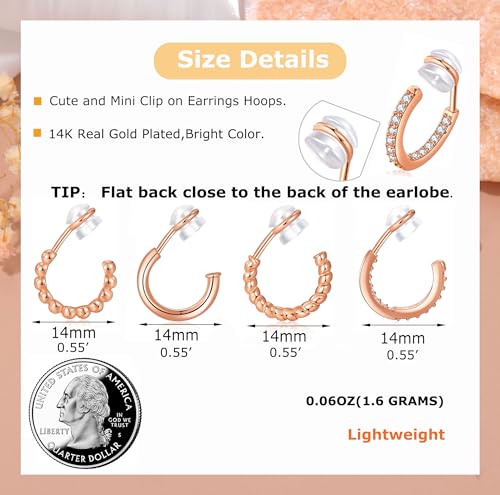 PLOMFOV Clip On Hoop Earrings for Women 14K Gold Plated Non Pierced Earrings Clip On Hoops Small No Piercing Fake Hoop Earrings 14mm - color: Rose Gold