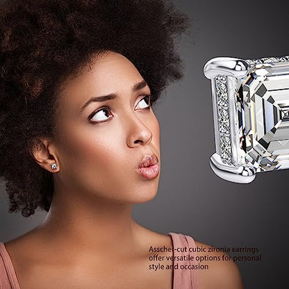 Asscher Cut Cubic Zirconia Stud Earrings for Men Women | Square CZ Simulated Diamond Studs, 18K White Gold Plated Sterling Silver - color: White Gold, size: 6MM