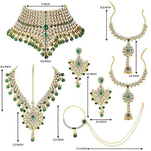 Aheli Bollywood Style Indian Bridal Choker Necklace Matha Patti Nose Ring Haath Phool Wedding Fashion Bharatanatyam jewellery set for Women - color: Green 2