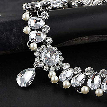 Bohemia Rhinestone Crystal Necklace Pearl Choker Wedding Jewelry Bridal Diamond Pendant for Women - color: Silver