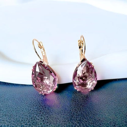 14K Gold Teardrop Crystal Leverback Earrings Sparkly Rhinestone Water Droplet Dangle Drop Earrings For Women - color: Wine Red