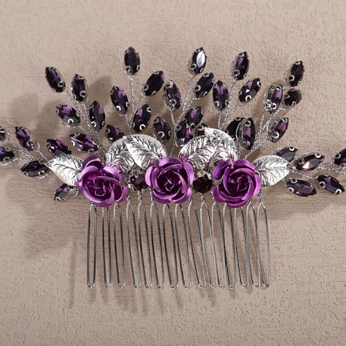 Silver Rose Flower Hair Comb with Purple Crystal for Wedding Women Bridal Hair Accessories for Prom Speical Occasion (Purple) - color: Purple