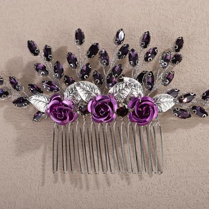 Silver Rose Flower Hair Comb with Purple Crystal for Wedding Women Bridal Hair Accessories for Prom Speical Occasion (Purple) - color: Purple