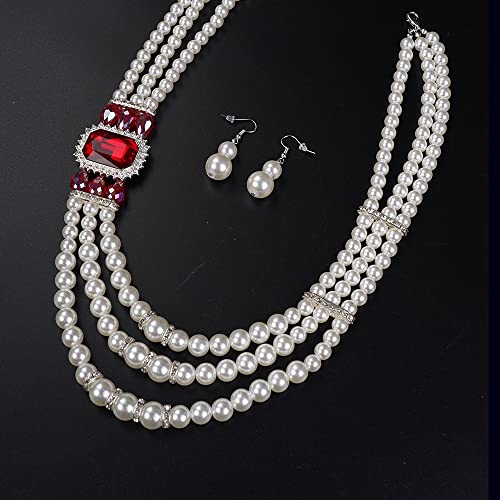 Aimimier 1920s 3-layered White Faux Pearl Necklace and Earrings Set with Crystal and Rhinestone Bridal Long Pearl Necklace Statement Women Jewelry - color: Ruby
