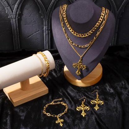 Tondiamo 3 Pcs Gothic Jewelry Set Cross Necklace for Women Goth Earrings Bracelet Layered Y2k Choker Costume Accessory - color: Golden, style: Cross