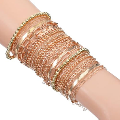28 PCS Gold Bracelets for Women, 14K Gold Plated Bracelet Stack Bangle Cuff | Bracelet Set for Non Tarnish Bangle Cuff Cuban Link Paperclip Chain Bracelets Jewelry for Trendy Dainty Jewelry Pack for Gift