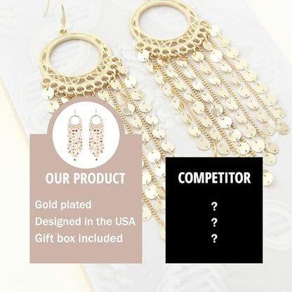 Bohemian Boho Tassel Dangle Drop Earrings for Women – Lightweight Filigree Gypsy Coin Chandelier Disc Charm Hoops – included Gift Box - style: Round - Gold