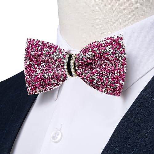 DiBanGu Mens Rhinestone Bow Tie with Ring and Lapel Pin Set | Adjustable Strap,Pre-tied Style,3PCS,Sequin Diamond Bowties，Solid/Mix Color,Shiny Accessory,for Party Prom Banquet Wedding - color: Hot Pink