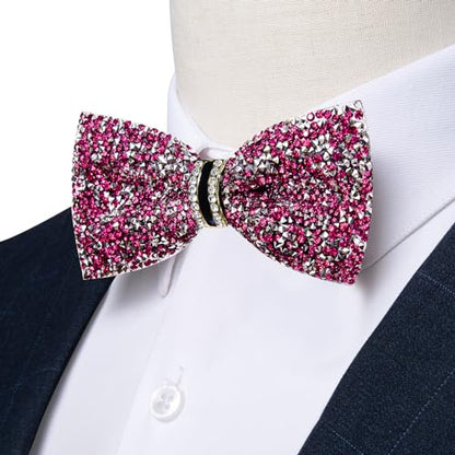 DiBanGu Mens Rhinestone Bow Tie with Ring and Lapel Pin Set | Adjustable Strap,Pre-tied Style,3PCS,Sequin Diamond Bowties，Solid/Mix Color,Shiny Accessory,for Party Prom Banquet Wedding - color: Hot Pink