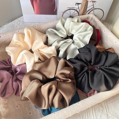 Big Satin Scrunchies for Women, 5.2 Inches Large Scrunchie, Silk Elastic Ponytail Holders for Girls, Jumbo Hair Ties for Thick/Curly Hair, Soft Scrunchy No Crease No Pilling, 4 Pack - color: Black+Brown