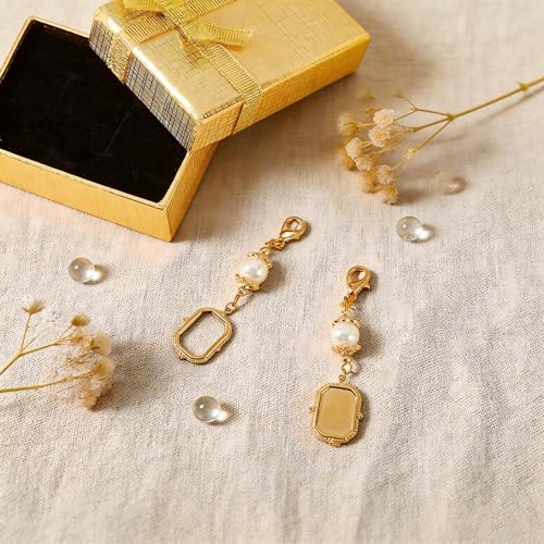 CHGCRAFT 2Pcs Wedding Bouquet Charm Rectangle Stainless Steel Memorial Photo Pendant with Freshwater Pearl and Necklace Boxes for Wedding Bridal Shower Party Decor, Gold, 60mm Tray: 14.5x10mm