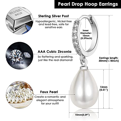 CERSLIMO Pearl Drop Earrings for Women | S925 Sterling Silver Post Simulated Shell Pearl Hoop Dangle Earrings, Hypoallergenic Cubic Zirconia Huggies Earrings Bridesmaid Jewelry - style: 02 Silver-Teardrop