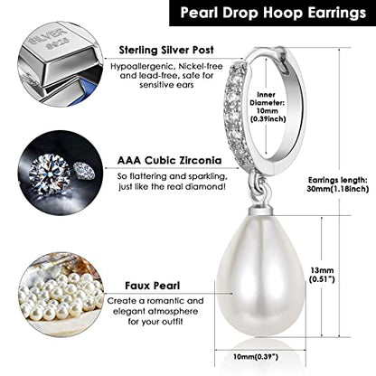 CERSLIMO Pearl Drop Earrings for Women | S925 Sterling Silver Post Simulated Shell Pearl Hoop Dangle Earrings, Hypoallergenic Cubic Zirconia Huggies Earrings Bridesmaid Jewelry - style: 02 Silver-Teardrop
