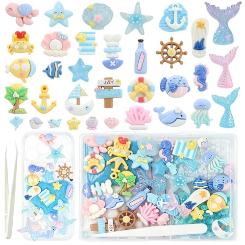 RidaaFri Junk Case Charms Kit, Blue Ocean Beach Themed 3D Flatback Charm | Large Charms with Pearls Sequins Cute Starfish Turtles Mermaids Charms for DIY Craft Accessories Personalization - color: Blue
