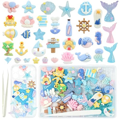RidaaFri Junk Case Charms Kit, Blue Ocean Beach Themed 3D Flatback Charm | Large Charms with Pearls Sequins Cute Starfish Turtles Mermaids Charms for DIY Craft Accessories Personalization - color: Blue