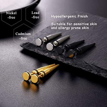PROSTEEL Stainless Steel Huggie Hoop Earrings for Mens Gold/Black/Silver | Skull/Infinity Pattern, Spike/Cuban Links 4 Design Options Hypoallergenic Lightweight Earring Hip Hop Punk Gothic Jewelry - style: Long Spike(3 Pairs)